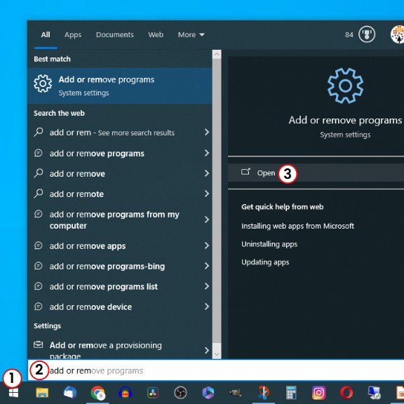 to check Windows installed apps, click the windows/start button, then type "add or remove", then click Open